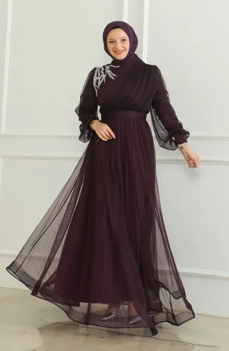 فستان سهرة شيفون بتفاصيل من الترتر 6348-06 لون بنفسجي 6348-06