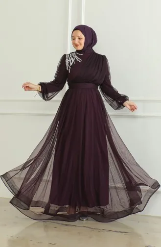 فستان سهرة شيفون بتفاصيل من الترتر 6348-06 لون بنفسجي 6348-06