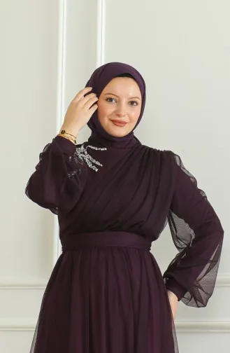 فستان سهرة شيفون بتفاصيل من الترتر 6348-06 لون بنفسجي 6348-06