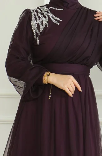 فستان سهرة شيفون بتفاصيل من الترتر 6348-06 لون بنفسجي 6348-06