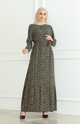 Floral Patterned Dress 4066-11 Khaki Green 4066-11