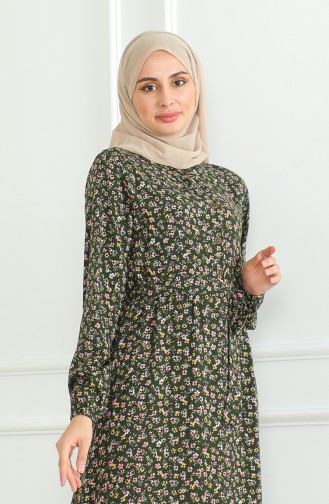 Floral Patterned Dress 4066-11 Khaki Green 4066-11