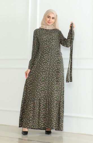 Floral Patterned Dress 4066-11 Khaki Green 4066-11