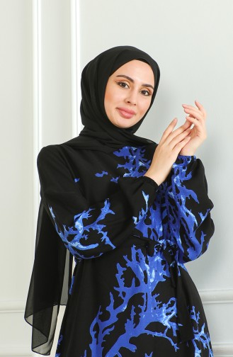 Desenli Kuşaklı Elbise 0503-01 Siyah Saks
