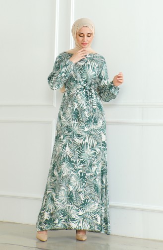 Patterned Belted Viscose Dress 0506-02 Khaki 0506-02