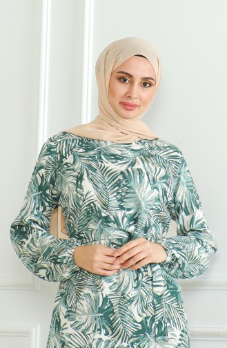 Patterned Belted Viscose Dress 0506-02 Khaki 0506-02