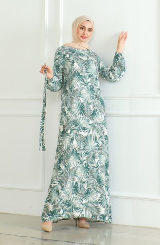 Patterned Belted Viscose Dress 0506-02 Khaki 0506-02