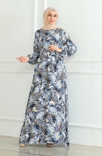 Gemustertes Viskosekleid Mit Gürtel 0506-03 Marineblau 0506-03