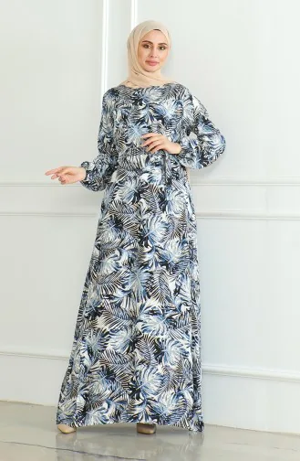 Robe Viscose A Motifs Et Ceinturée 0506-03 Bleu Marine 0506-03