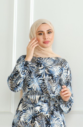 Gemustertes Viskosekleid Mit Gürtel 0506-03 Marineblau 0506-03