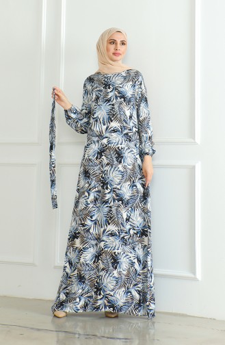 Gemustertes Viskosekleid Mit Gürtel 0506-03 Marineblau 0506-03
