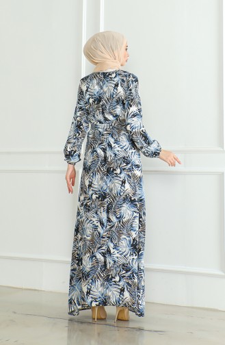 Gemustertes Viskosekleid Mit Gürtel 0506-03 Marineblau 0506-03
