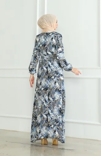 Robe Viscose A Motifs Et Ceinturée 0506-03 Bleu Marine 0506-03