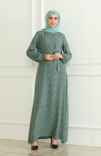 Gemustertes Viskosekleid Mit Gürtel 0508-01 Grün 0508-01