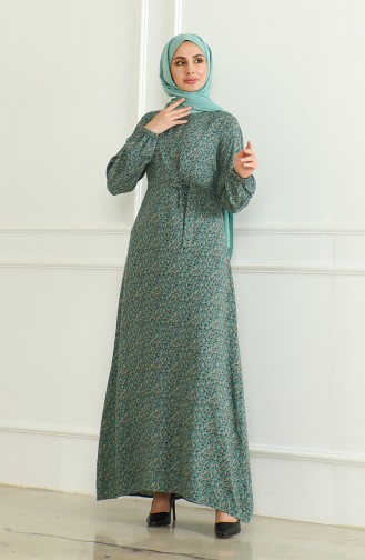 Gemustertes Viskosekleid Mit Gürtel 0508-01 Grün 0508-01