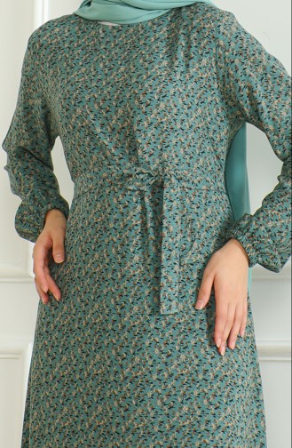 Gemustertes Viskosekleid Mit Gürtel 0508-01 Grün 0508-01