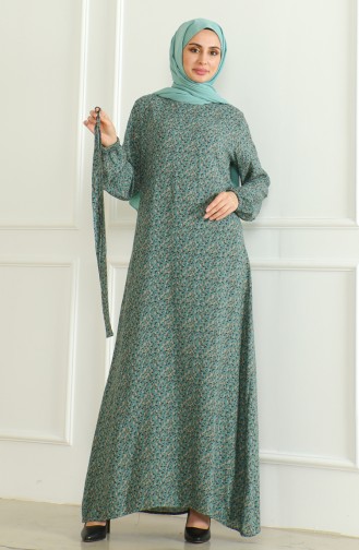 Gemustertes Viskosekleid Mit Gürtel 0508-01 Grün 0508-01
