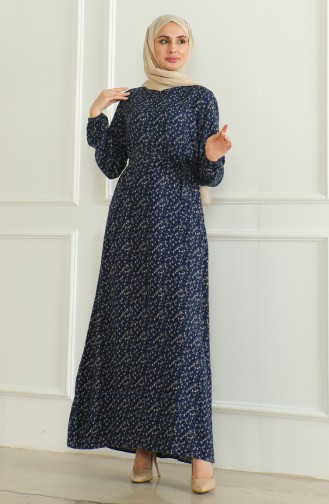 Gemustertes Viskosekleid Mit Gürtel 0508-03 Marineblau 0508-03