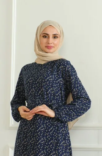 فستان فيسكوز بتصميم مُطبع وحزام للخصر 0508-03 لون كحلي 0508-03