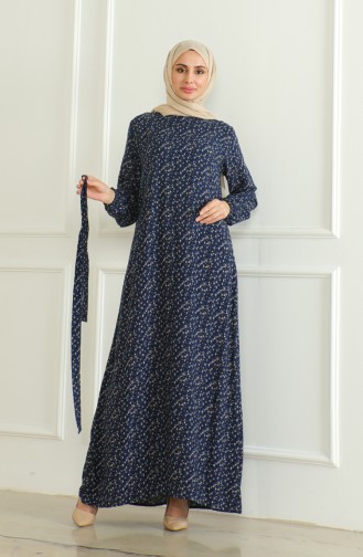 Gemustertes Viskosekleid Mit Gürtel 0508-03 Marineblau 0508-03
