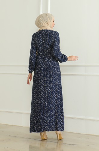 Gemustertes Viskosekleid Mit Gürtel 0508-03 Marineblau 0508-03