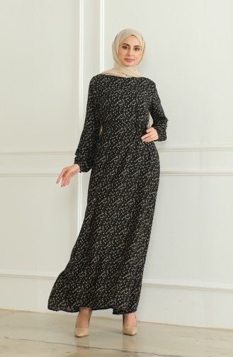 Gemustertes Viskosekleid Mit Gürtel 0508-04 Schwarz 0508-04