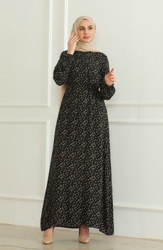 Gemustertes Viskosekleid Mit Gürtel 0508-04 Schwarz 0508-04