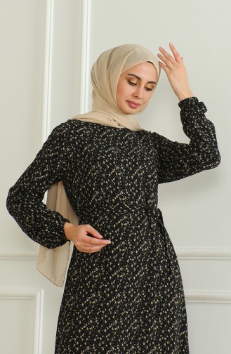 Gemustertes Viskosekleid Mit Gürtel 0508-04 Schwarz 0508-04