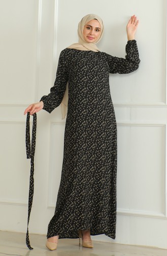 Gemustertes Viskosekleid Mit Gürtel 0508-04 Schwarz 0508-04