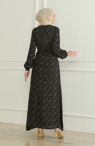 Gemustertes Viskosekleid Mit Gürtel 0508-04 Schwarz 0508-04