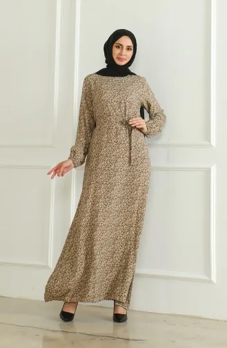 Gemustertes Viskosekleid Mit Gürtel 0508-05 Nerz 0508-05