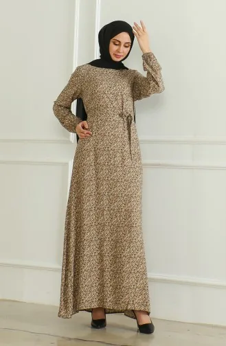 Gemustertes Viskosekleid Mit Gürtel 0508-05 Nerz 0508-05