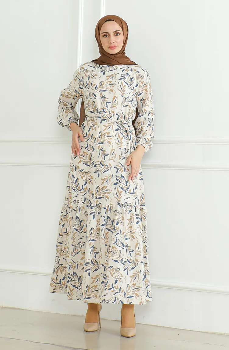 Robe Lin A Motifs Et Ceinture 0471-01 Beige Bleu Marine 0471-01