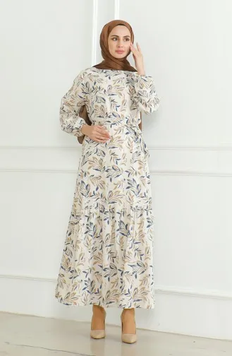 Robe Lin A Motifs Et Ceinture 0471-01 Beige Bleu Marine 0471-01