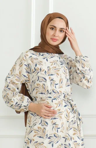 Robe Lin A Motifs Et Ceinture 0471-01 Beige Bleu Marine 0471-01