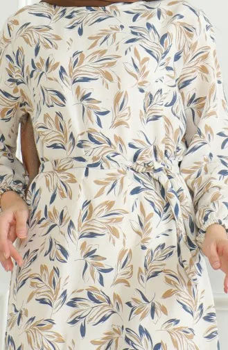Robe Lin A Motifs Et Ceinture 0471-01 Beige Bleu Marine 0471-01