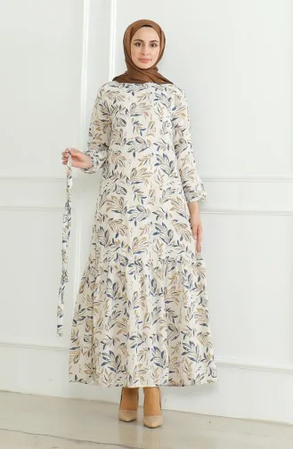 Robe Lin A Motifs Et Ceinture 0471-01 Beige Bleu Marine 0471-01
