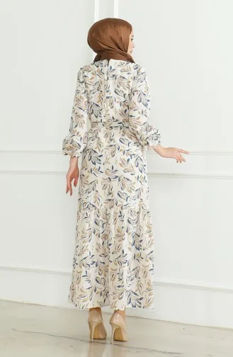 Robe Lin A Motifs Et Ceinture 0471-01 Beige Bleu Marine 0471-01