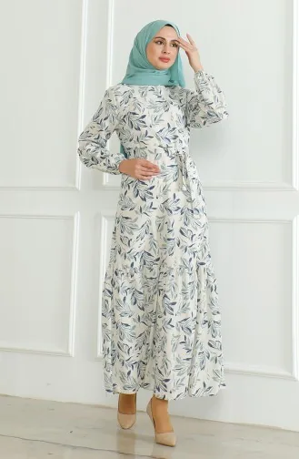 فستان كتان منقوش 0471-02 بيج أخضر مينت 0471-02