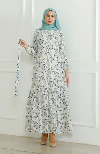 فستان كتان منقوش 0471-02 بيج أخضر مينت 0471-02