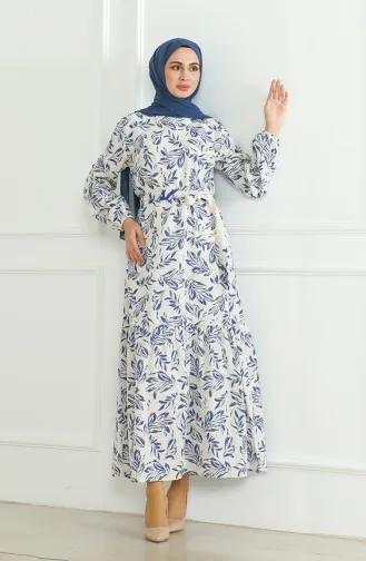 Gemustertes Leinenkleid Mit Gürtel 0471-04 Beige Saks 0471-04