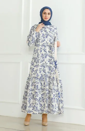 Gemustertes Leinenkleid Mit Gürtel 0471-04 Beige Saks 0471-04