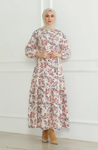 Gemustertes Leinenkleid Mit Gürtel 0471-05 Beige Ziegelstein 0471-05