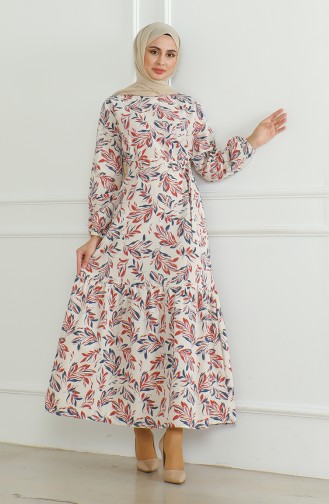 Gemustertes Leinenkleid Mit Gürtel 0471-05 Beige Ziegelstein 0471-05