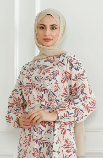 Gemustertes Leinenkleid Mit Gürtel 0471-05 Beige Ziegelstein 0471-05