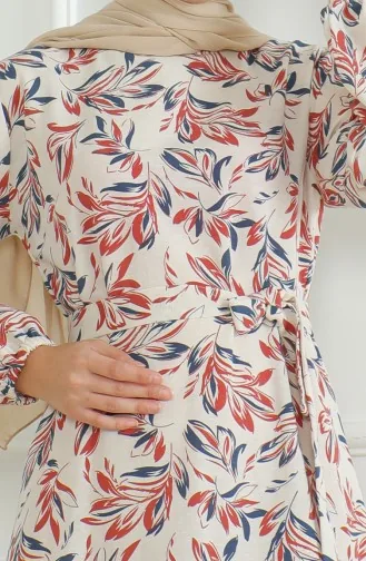 Gemustertes Leinenkleid Mit Gürtel 0471-05 Beige Ziegelstein 0471-05