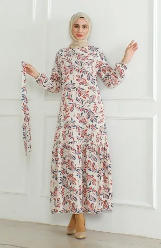 Gemustertes Leinenkleid Mit Gürtel 0471-05 Beige Ziegelstein 0471-05