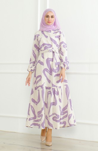 Robe Lin A Motifs Et Ceinture 0471A-01 Beige Lilas 0471A-01