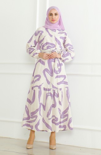 Robe Lin A Motifs Et Ceinture 0471A-01 Beige Lilas 0471A-01