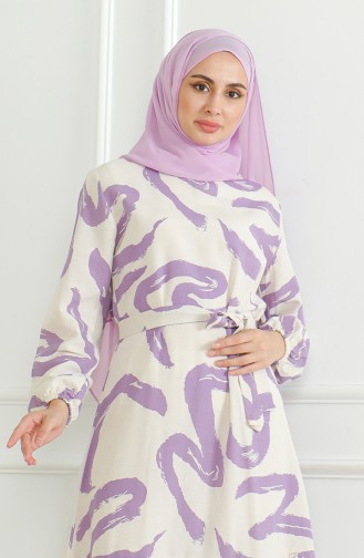 Robe Lin A Motifs Et Ceinture 0471A-01 Beige Lilas 0471A-01